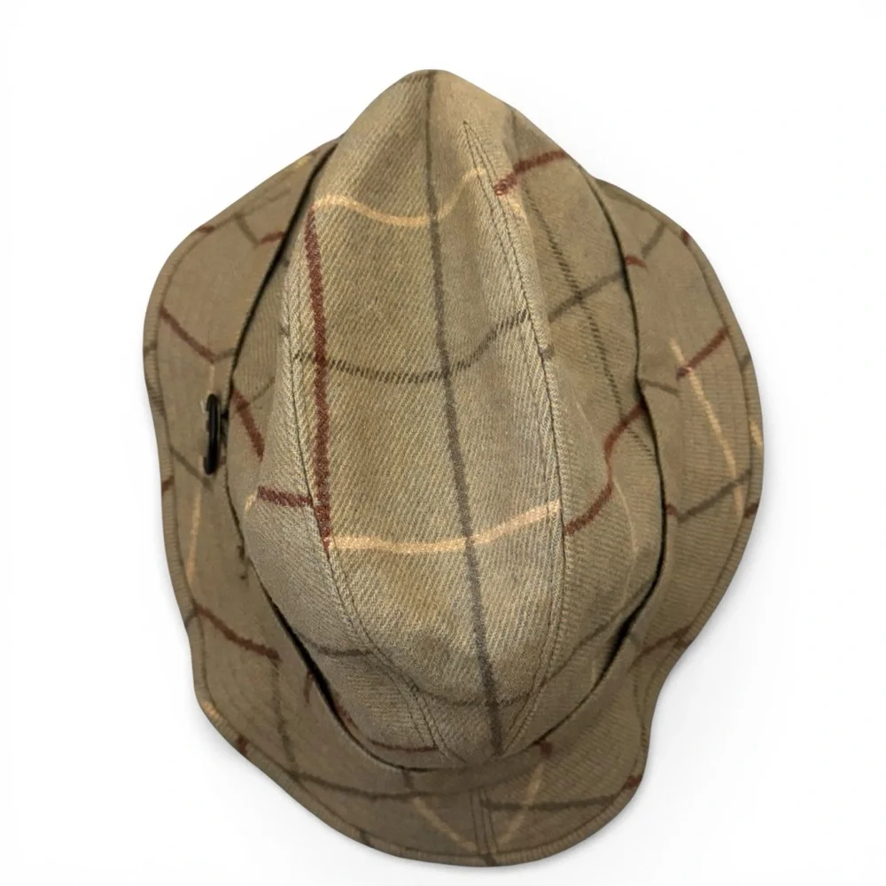 Burberry Vintage Fedora Hat Tan Plaid Windowpane Wool Multicolor Buckle 7 3/8 - Picture 4 of 13